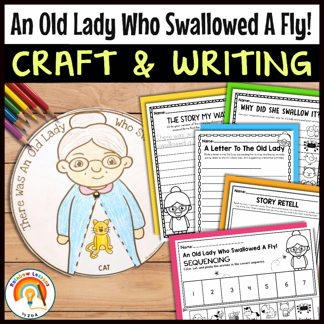 Old Lady Swallowed Fly craft and writing worksheets.