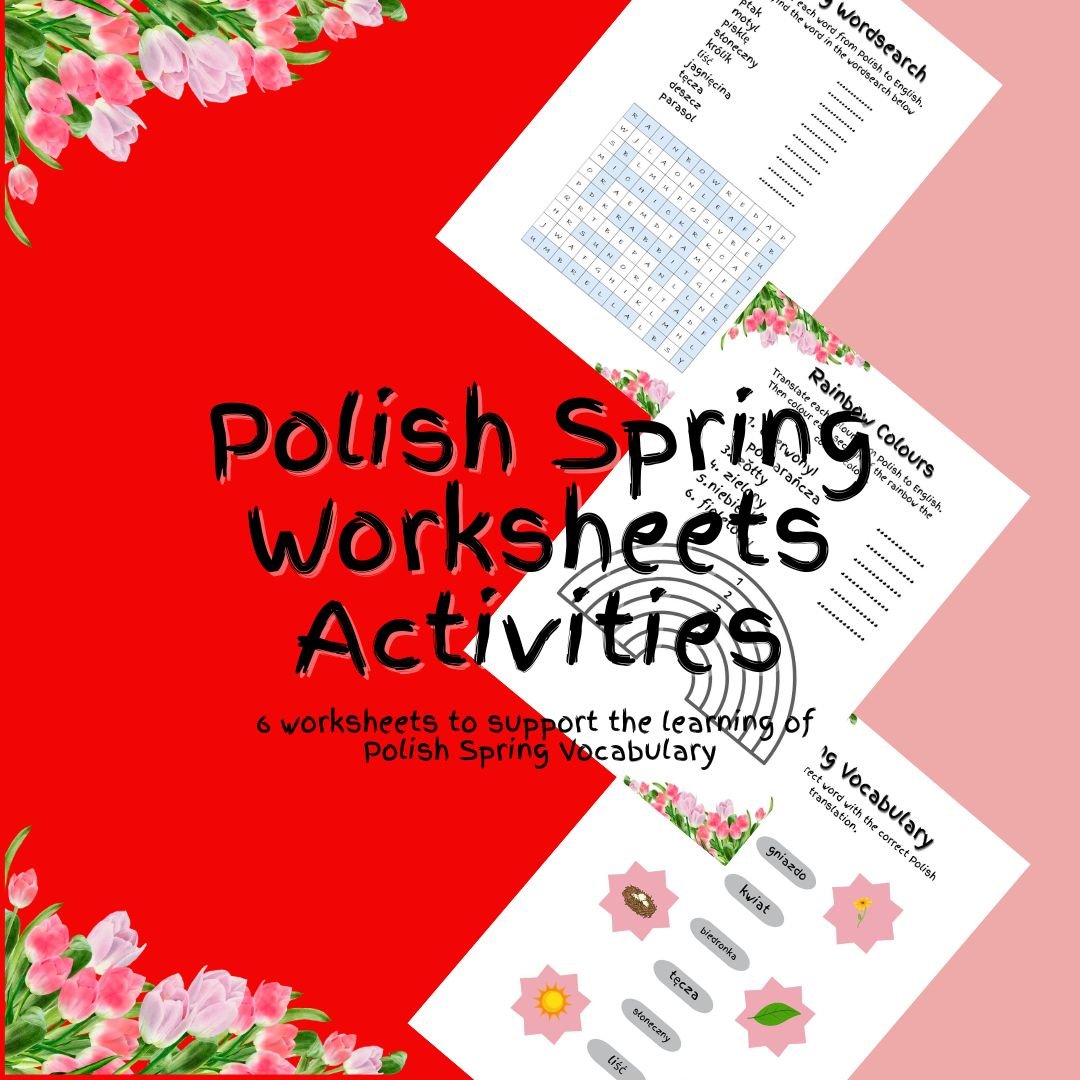 Polish spring vocabulary worksheets with floral design.