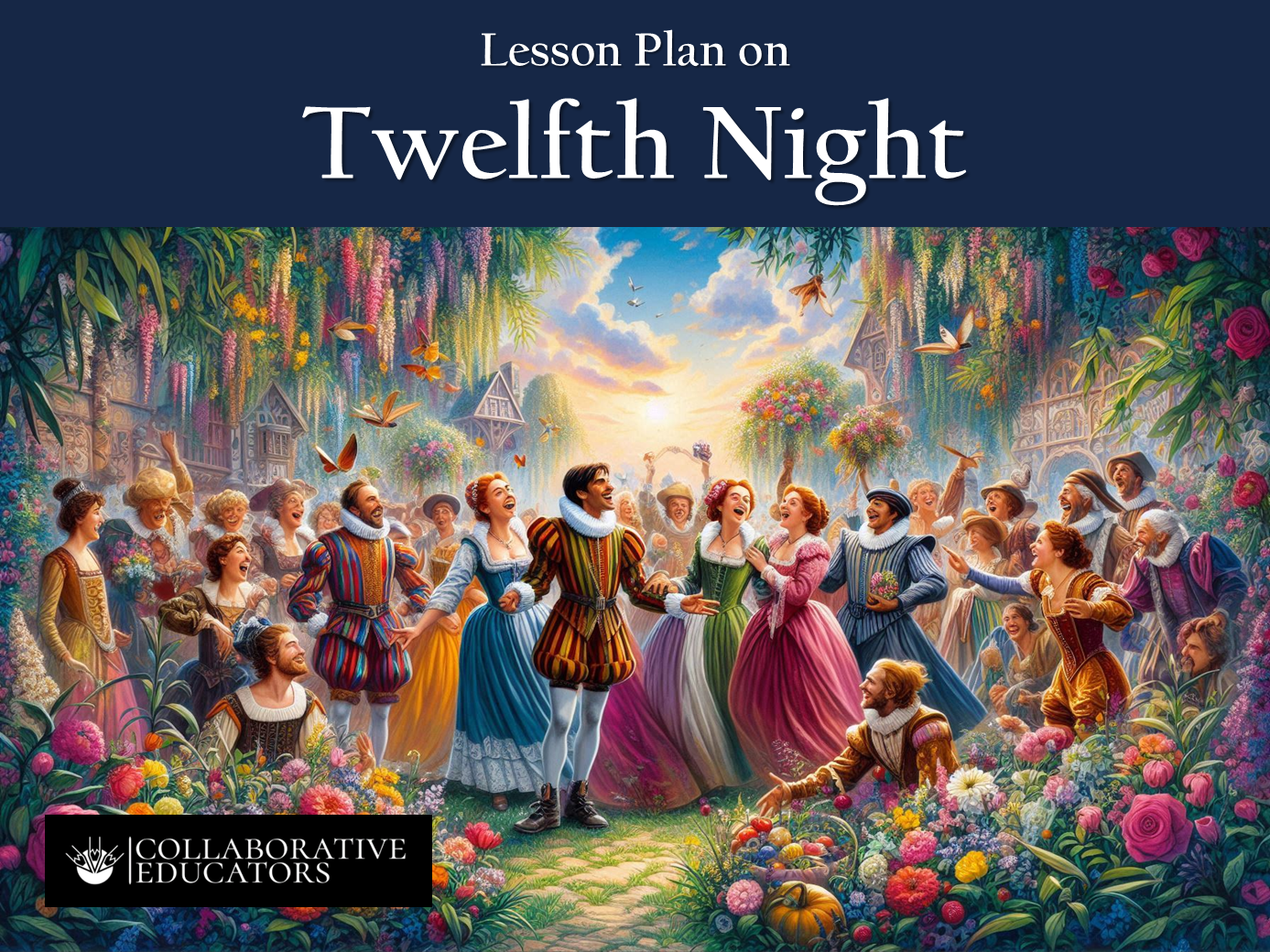 Twelfth Night lesson plan with festive illustration.