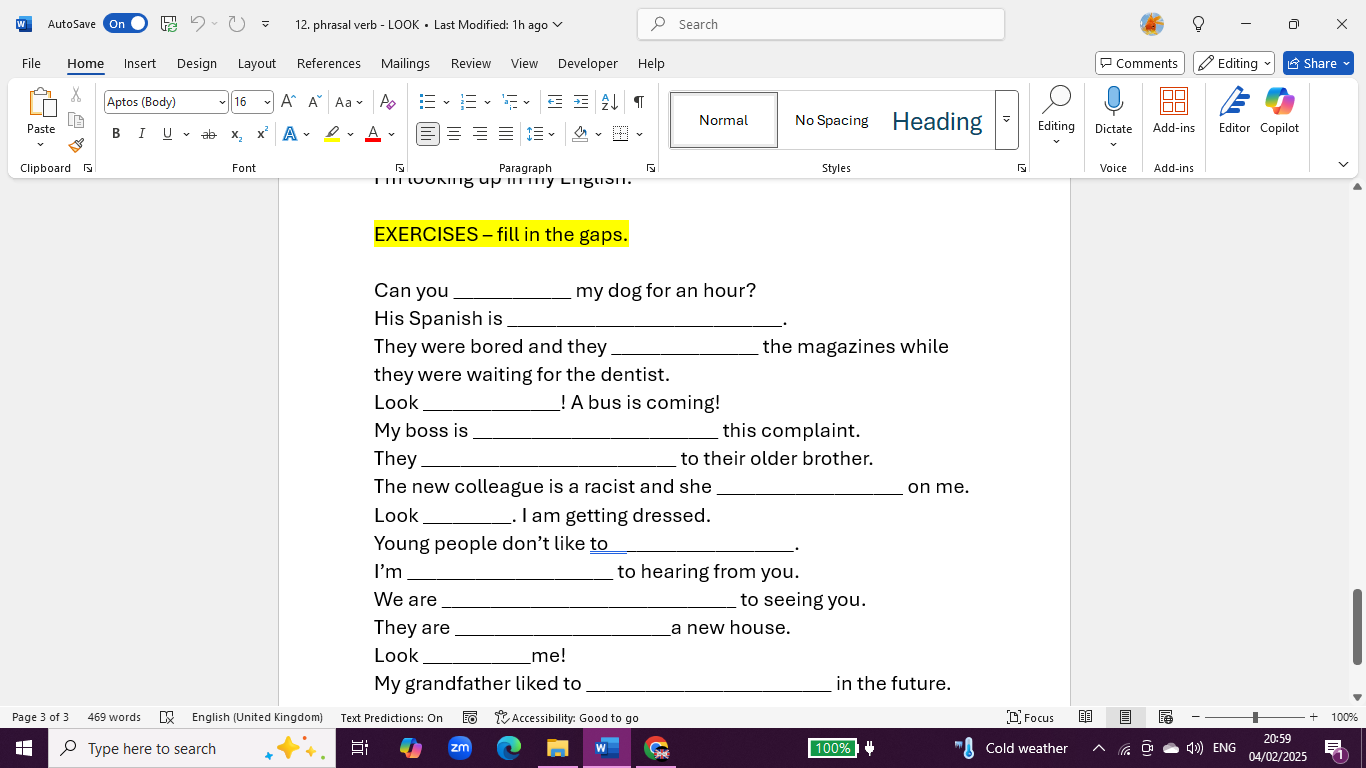 English exercises: fill in phrasal verb gaps.