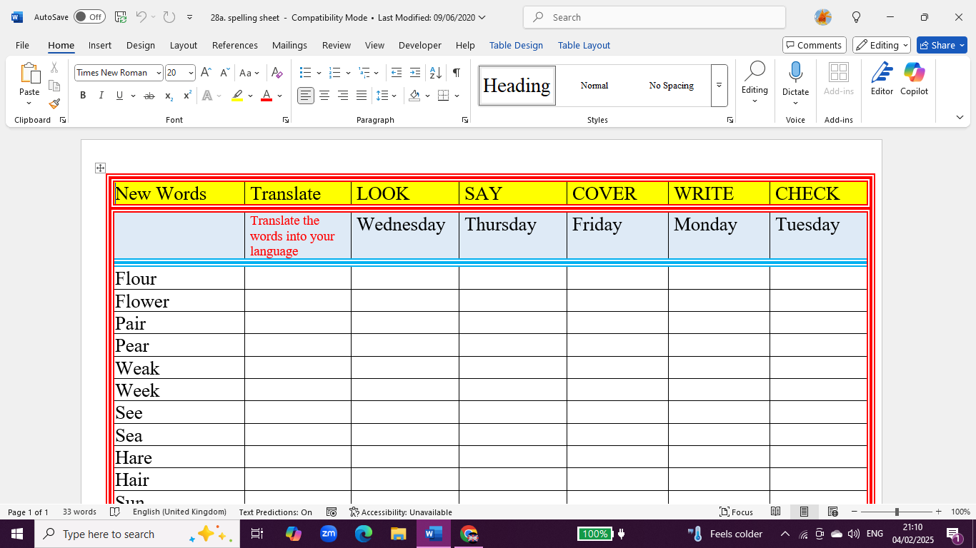 Spelling practice sheet with weekly tasks.