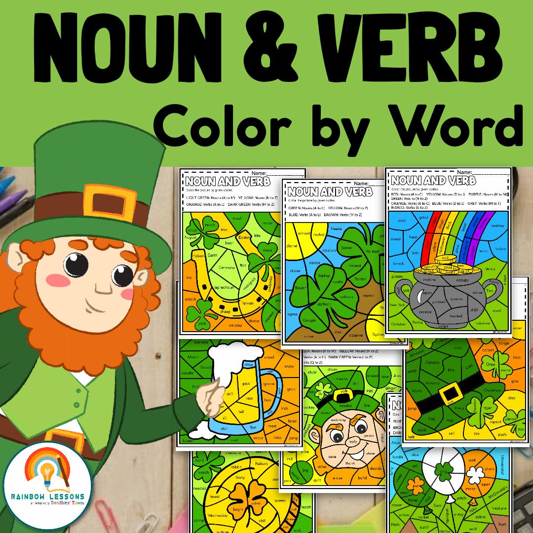 Leprechaun-themed noun and verb colouring worksheets.