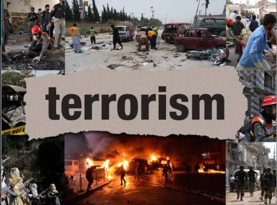 Collage depicting terrorism and its impacts globally.