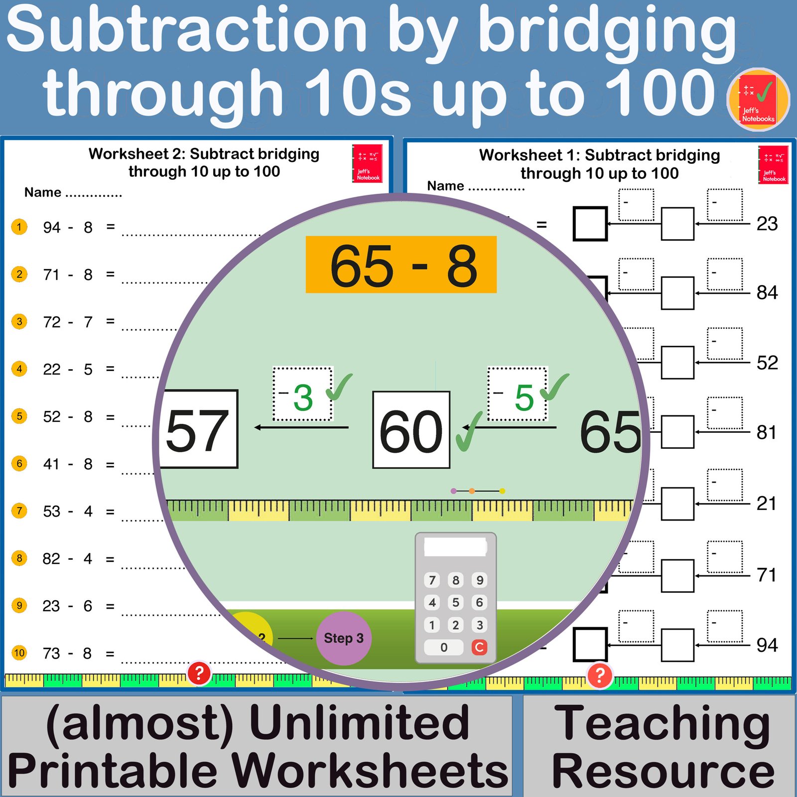 Subtraction bridging worksheets for teaching maths up to 100.