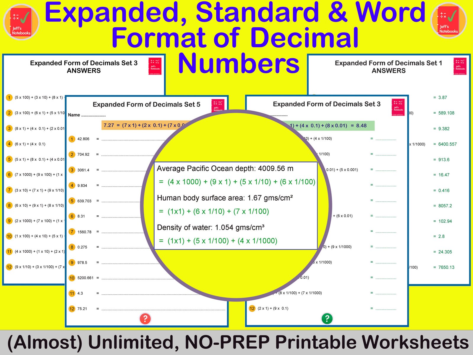 Decimal numbers worksheets with expanded form examples.