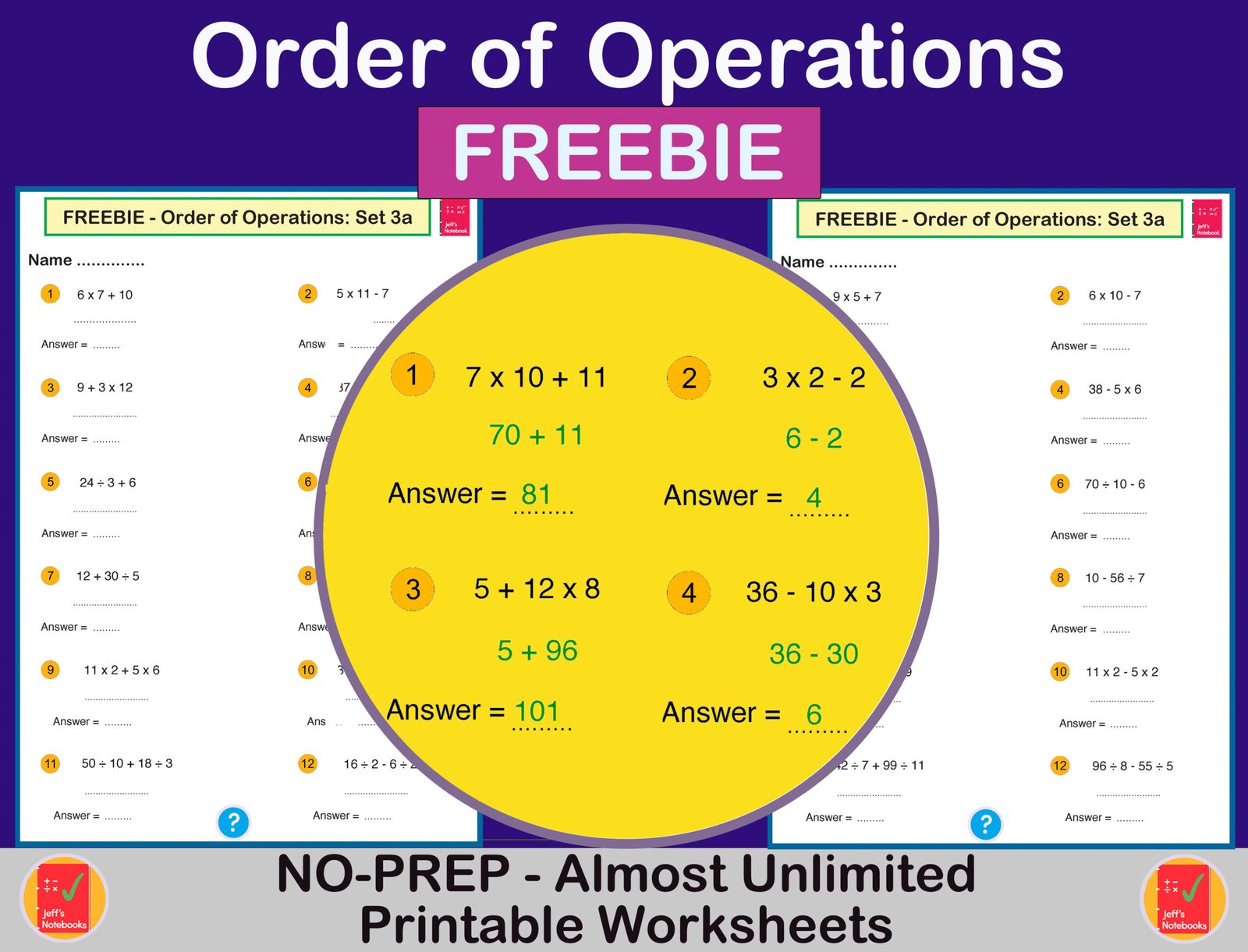 Order of Operations maths worksheets freebie.