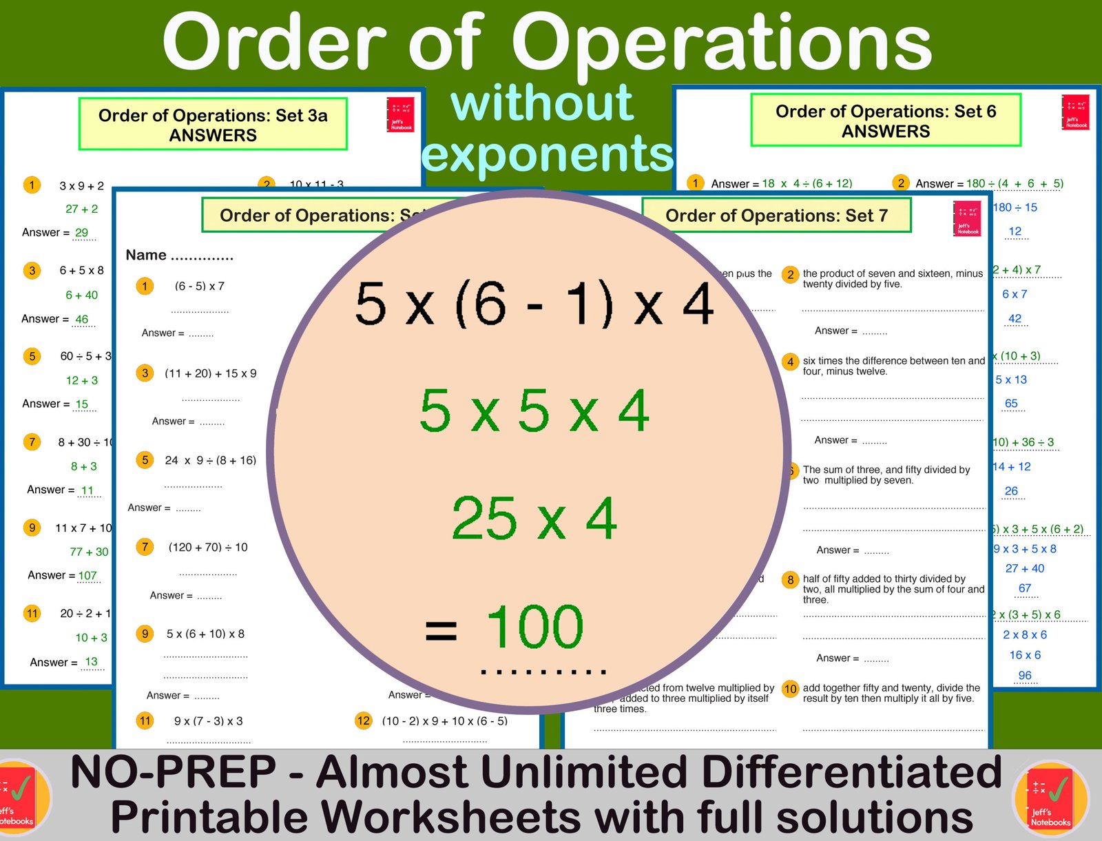 Order of Operations worksheets without exponents.