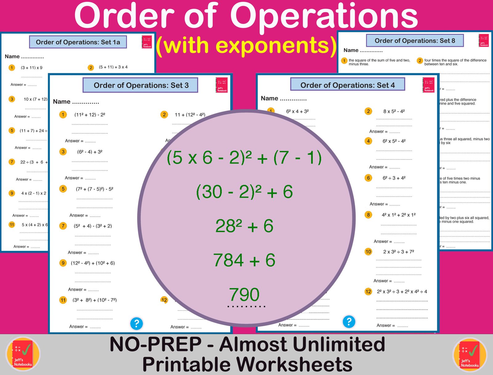 Order of operations worksheets with exponents