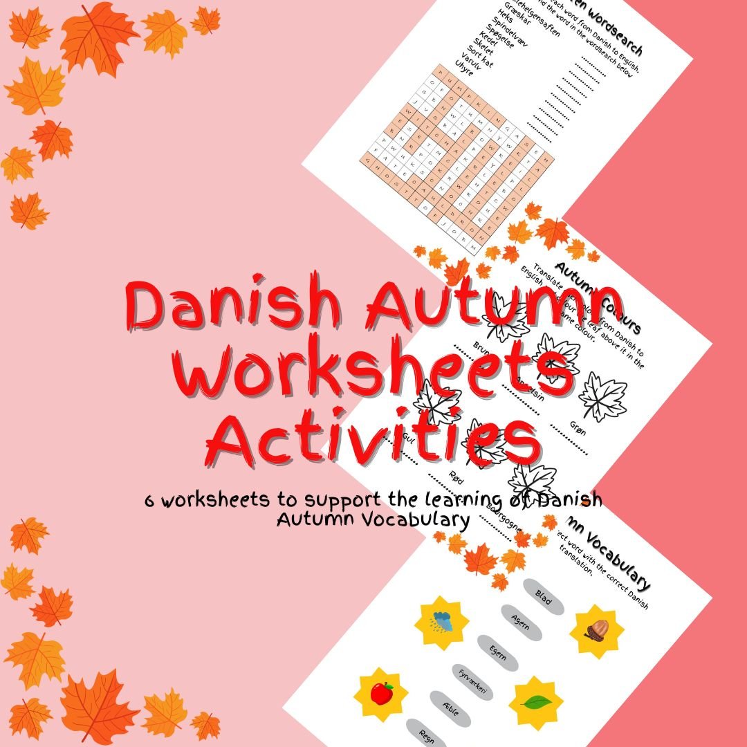 Danish autumn vocabulary worksheets for language learning.