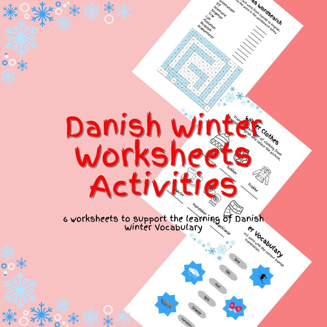 Danish winter vocabulary worksheets for learning activities.