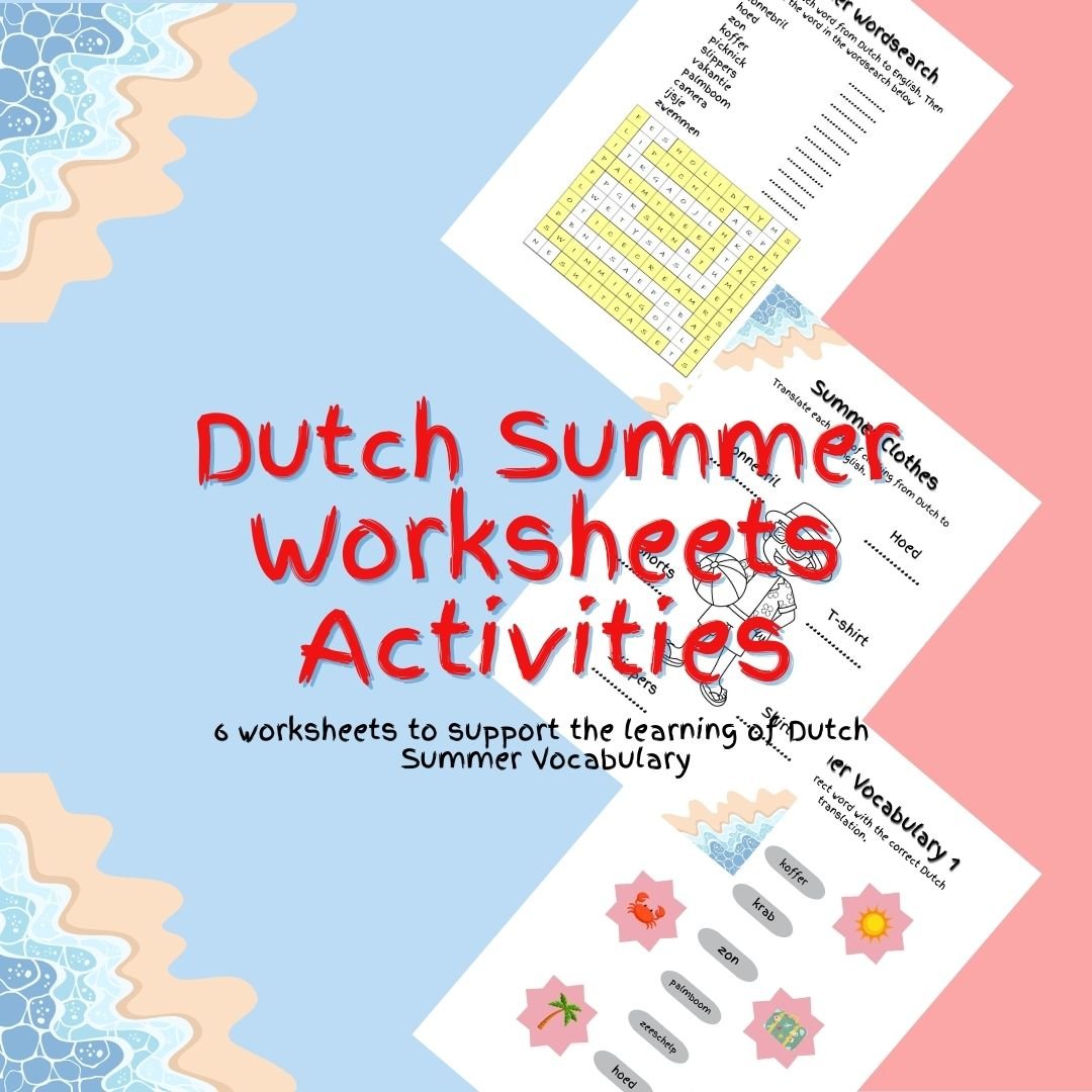 Dutch summer vocabulary worksheets and activities displayed.