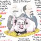 Cartoon pig with historical figures background.