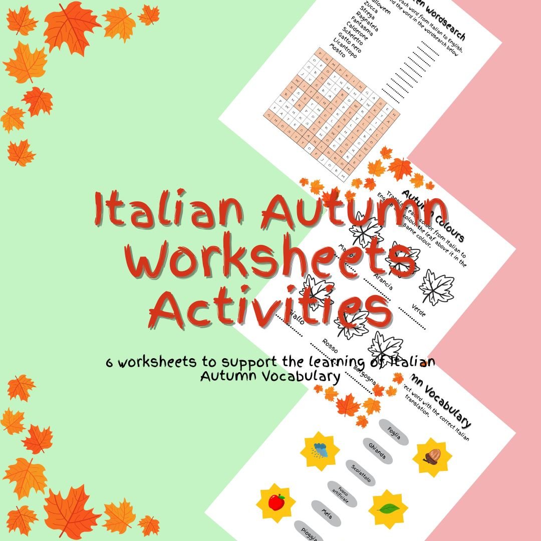 Italian autumn vocabulary worksheets for language learning.