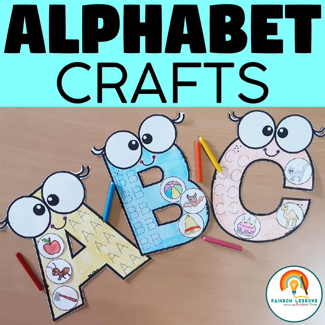 Alphabet crafts A, B, C with crayons and pictures.