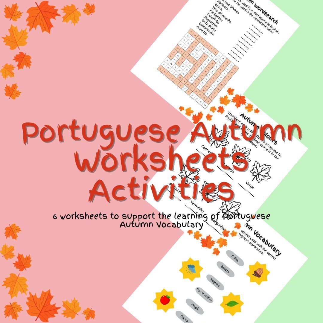 Portuguese autumn vocabulary worksheets for learning activities.