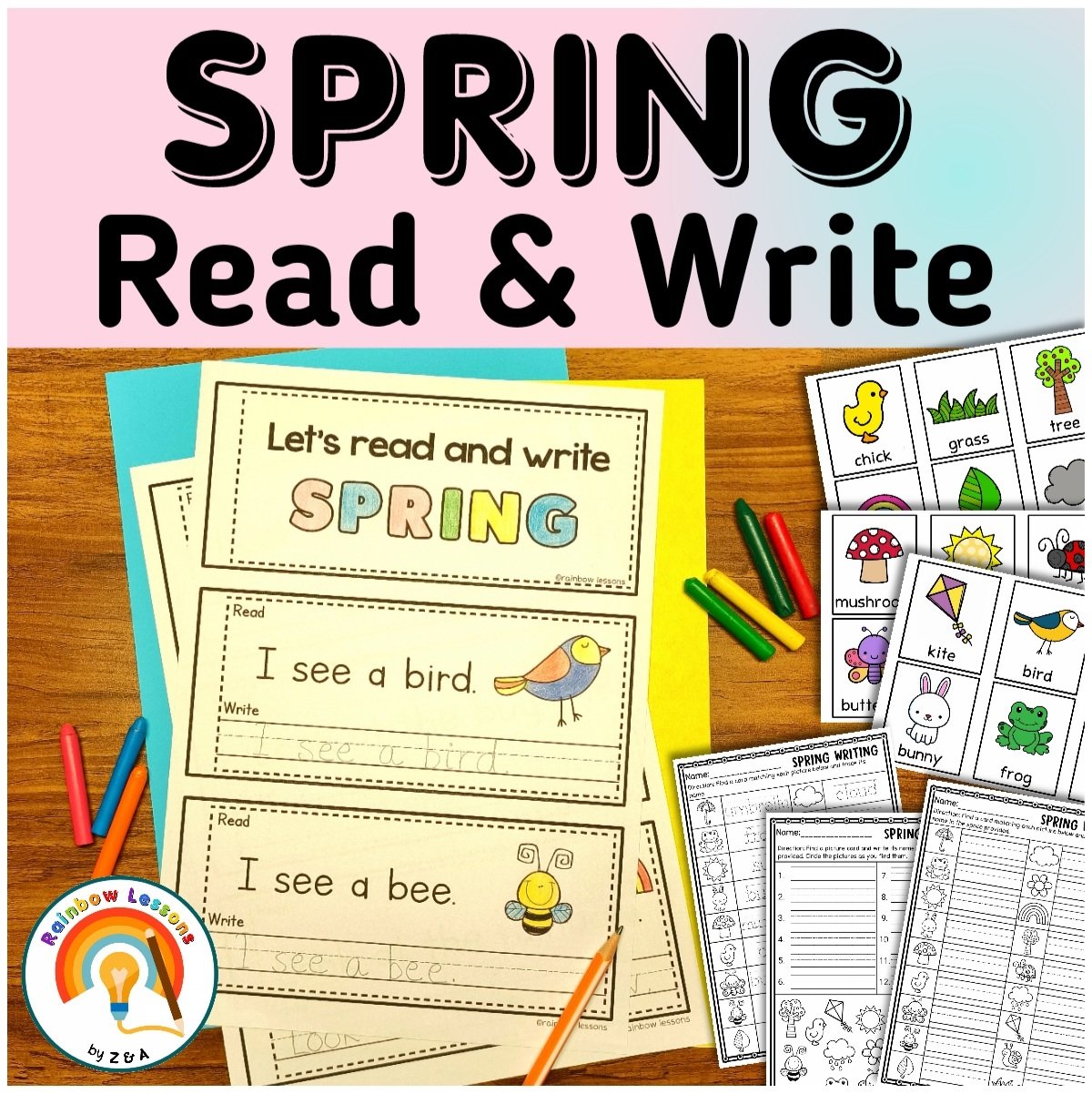 Spring-themed reading and writing worksheets for kids.