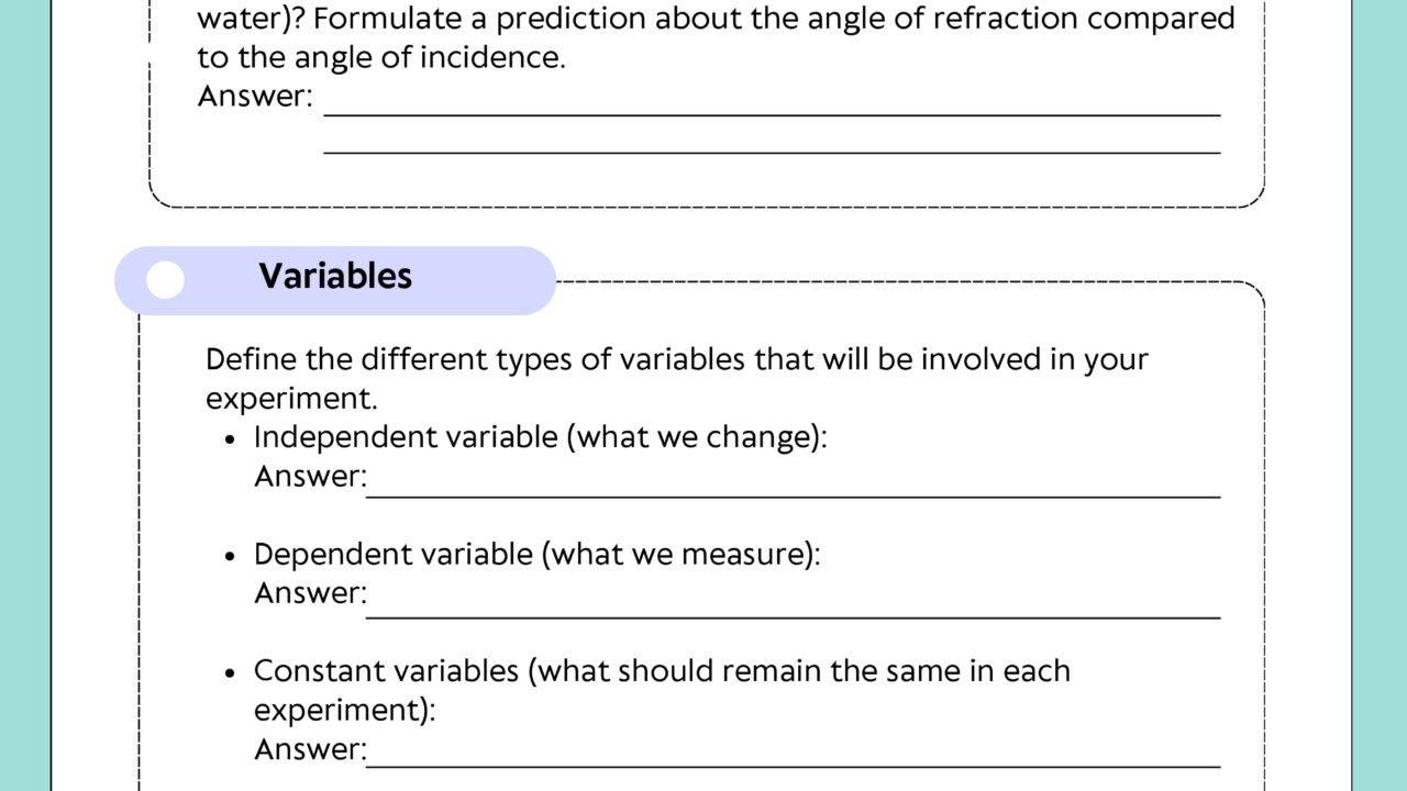 Refraction of Light experiment worksheet with instructions.