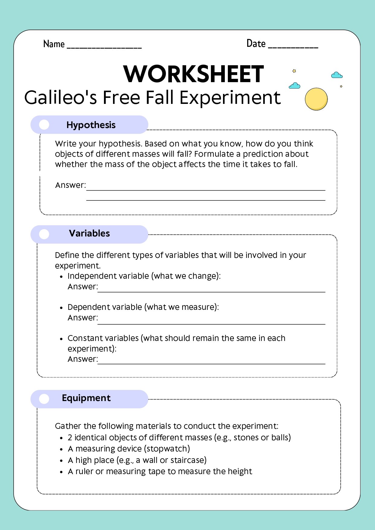 Worksheet on Galileo's free fall experiment for students.