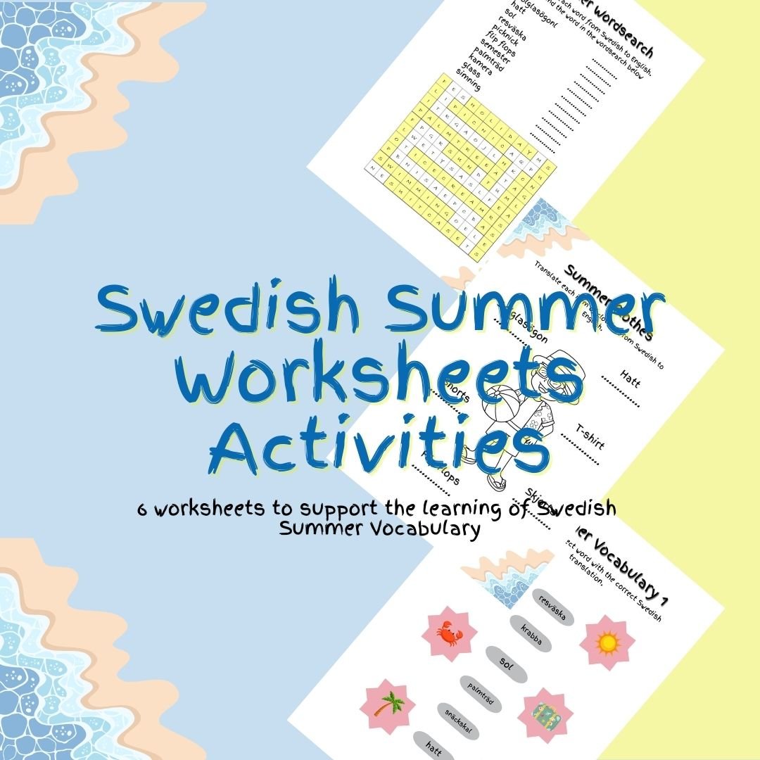 Swedish summer vocabulary worksheets for language learning.