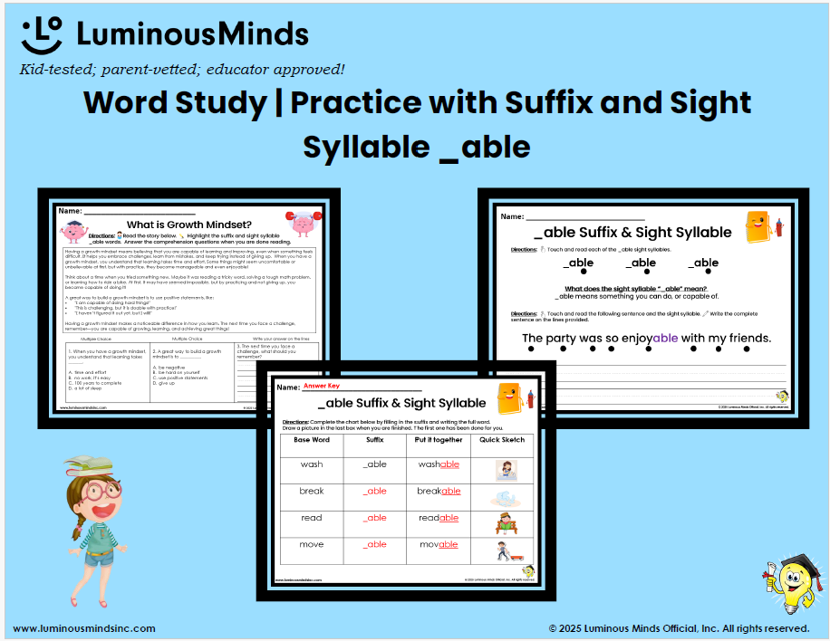 LuminousMinds word study practice with suffix and syllable _able