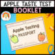 Apple tasting passport booklet on colourful background.