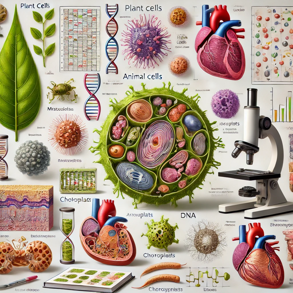 Illustration of various plant and animal cells.