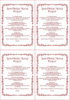 Four 3pm Divine Mercy Prayer cards with red borders.