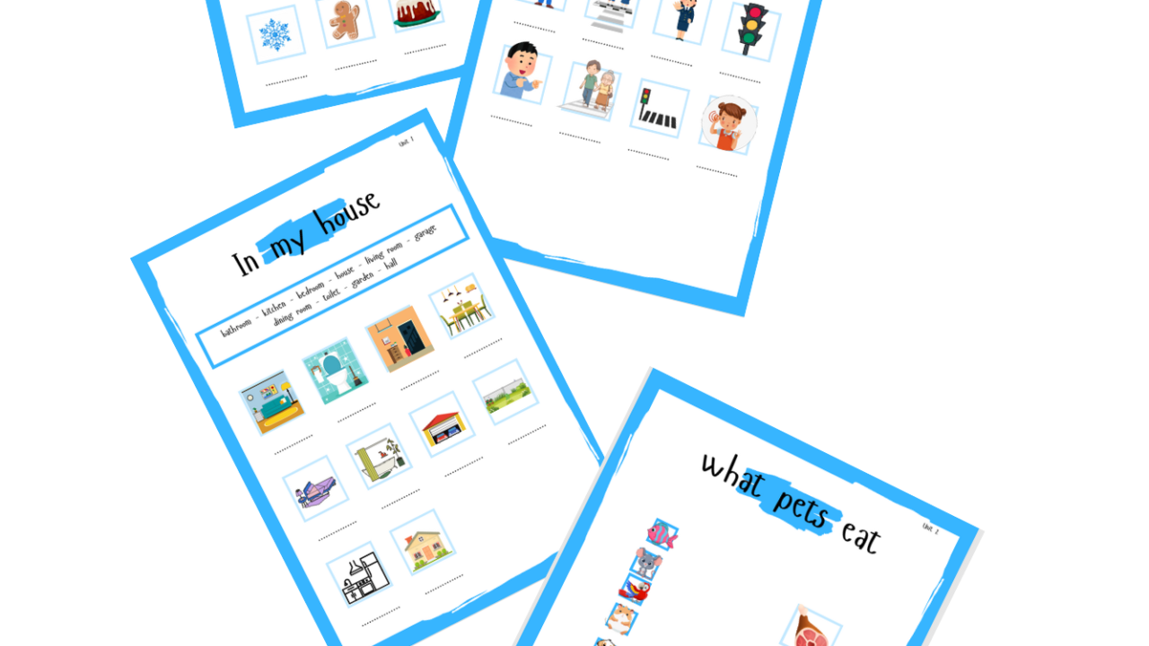 Four educational worksheets: Christmas, Road Safety, Home, Pets.