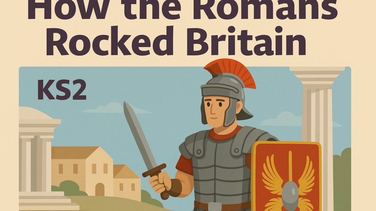 Cartoon Roman soldier with sword and shield.