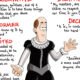 Cartoon character in Elizabethan outfit with quotes.