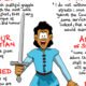 Cartoon character holding sword quoting Shakespeare play.