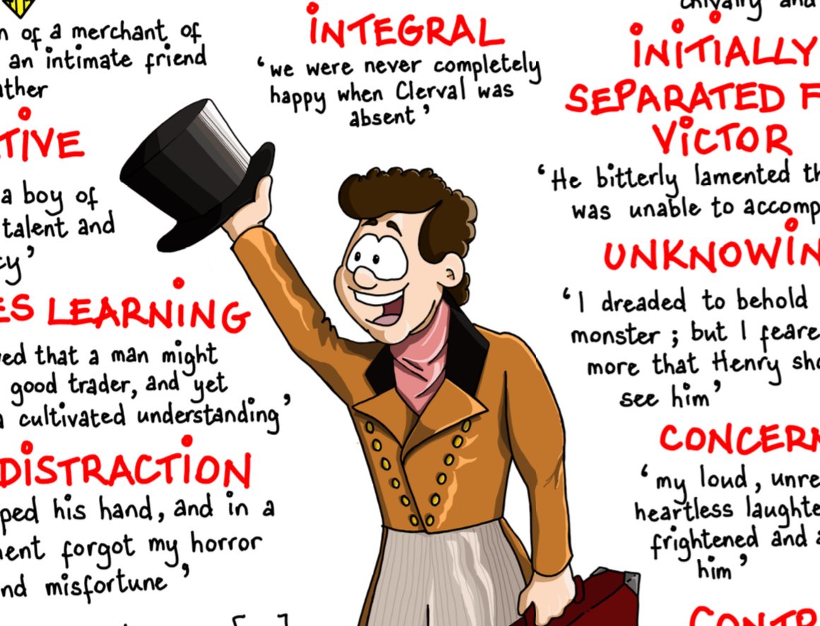Cartoon man waving hat, quotes in background.