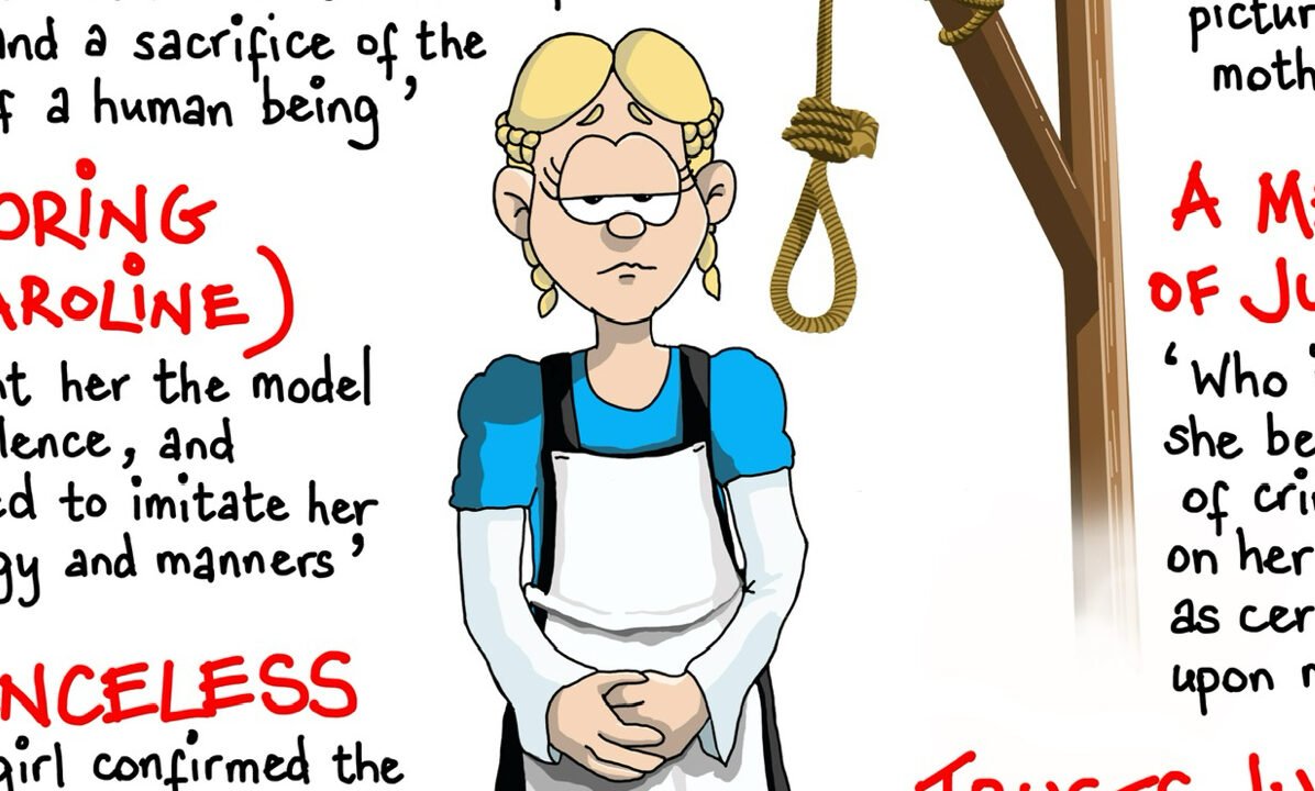 Animated woman in apron near hanging noose.