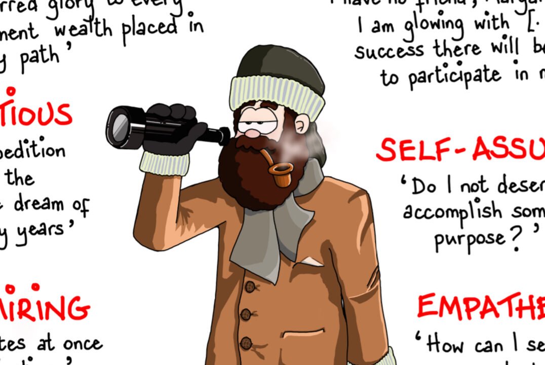 Cartoon explorer with pipe and binoculars.