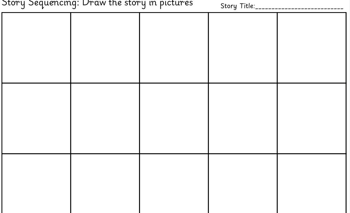 Story sequencing worksheet with empty drawing grid