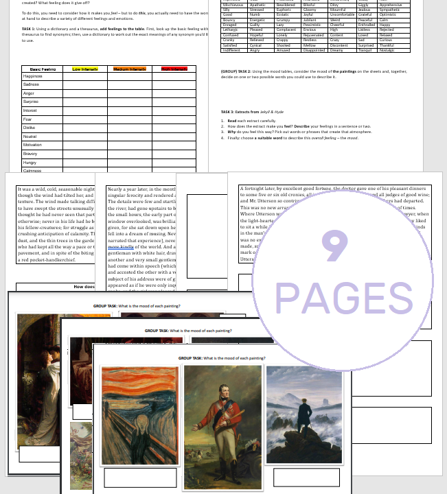 Literary scene mood analysis worksheets, 9 pages.