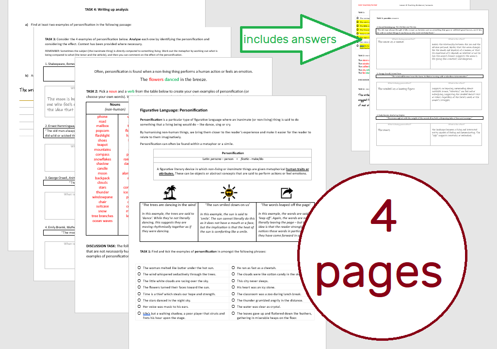Personification worksheets with answers, 4 pages total.
