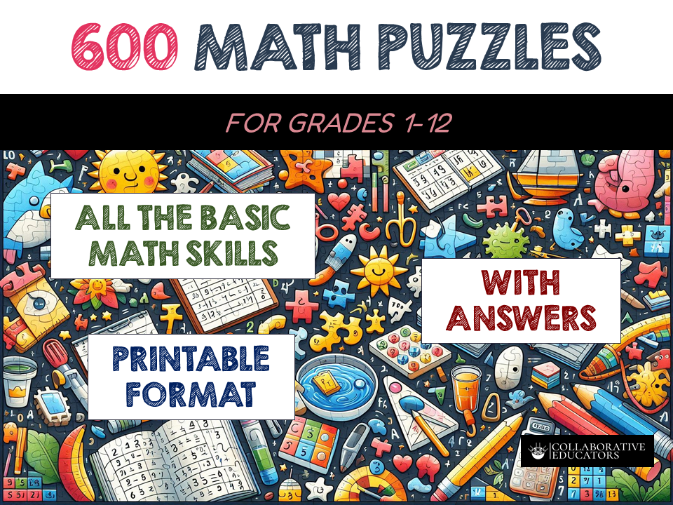600 math puzzles, grades 1-12, with answers.