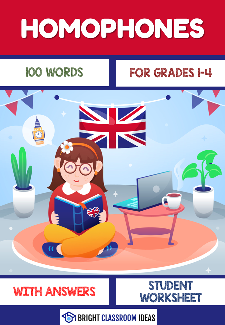Homophones educational worksheet for grades 1-4 with answers.