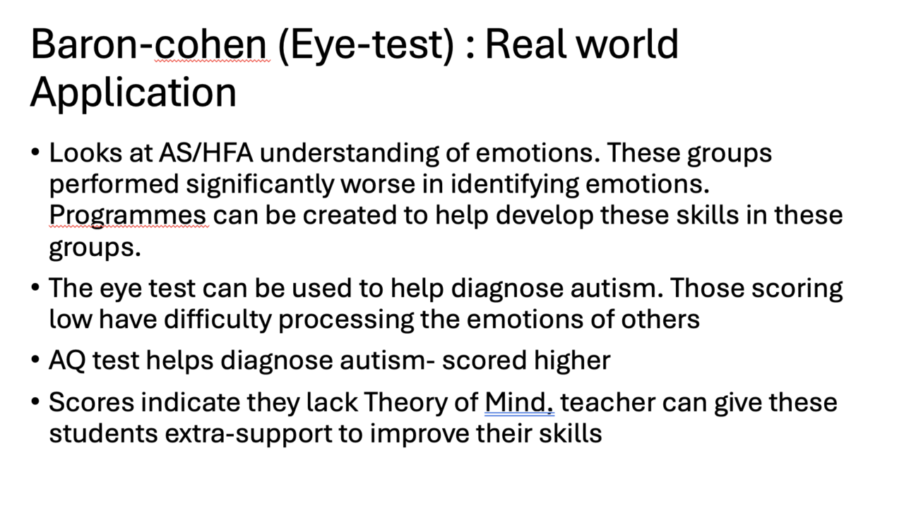 Baron-Cohen eye test assesses autism-related emotional understanding.