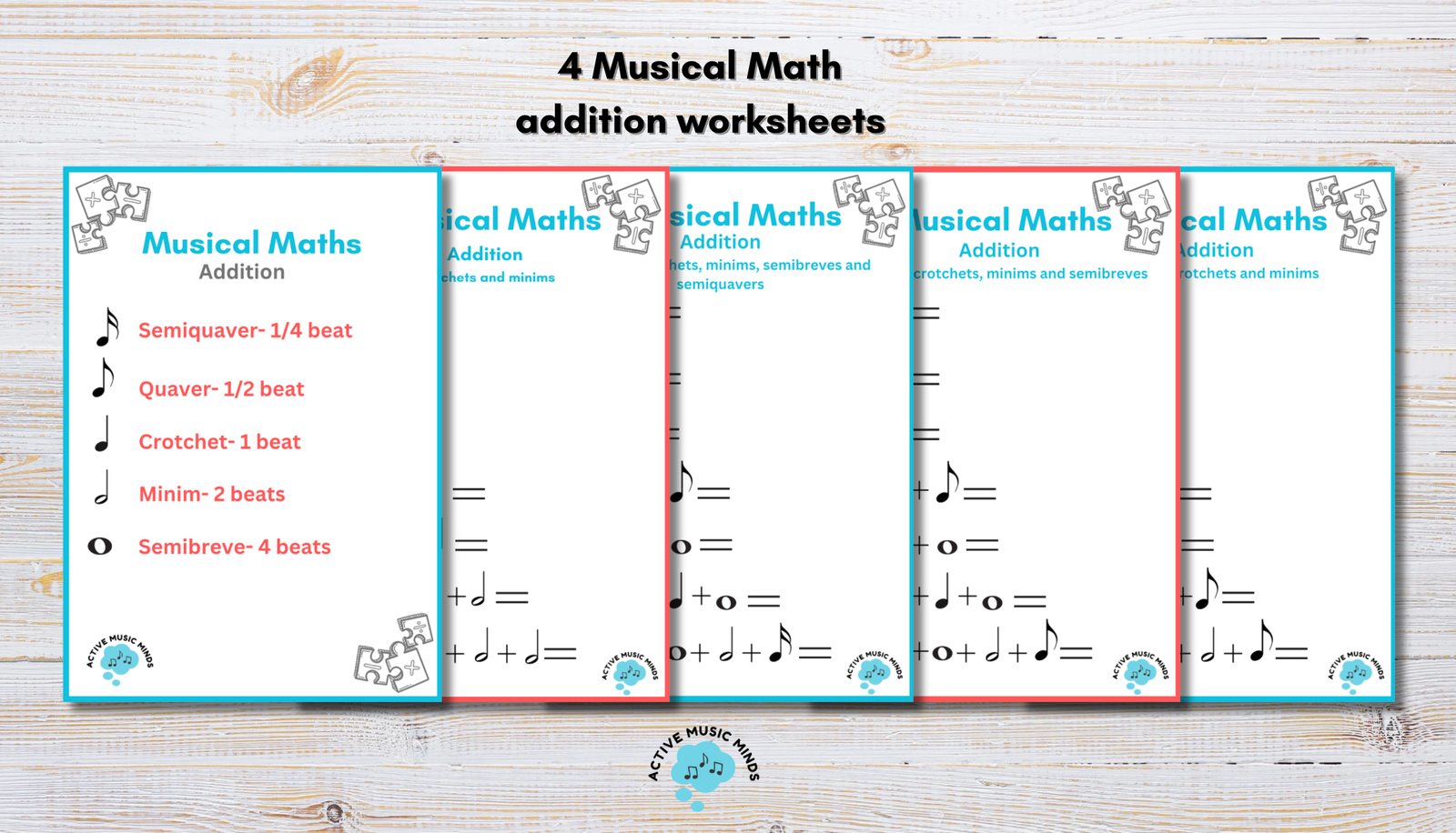 Musical maths worksheets for teaching note values.