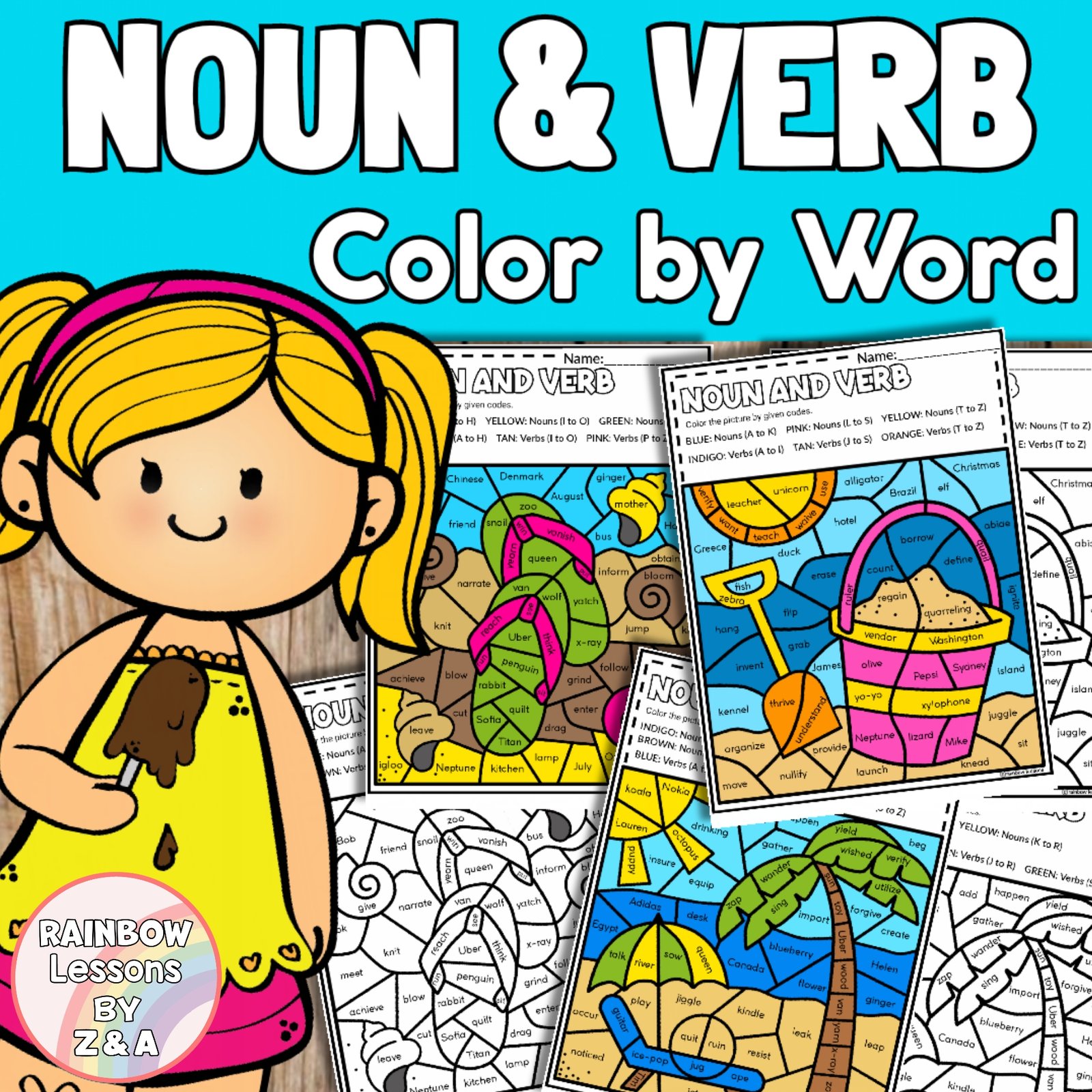 Noun and verb colouring worksheets for children.