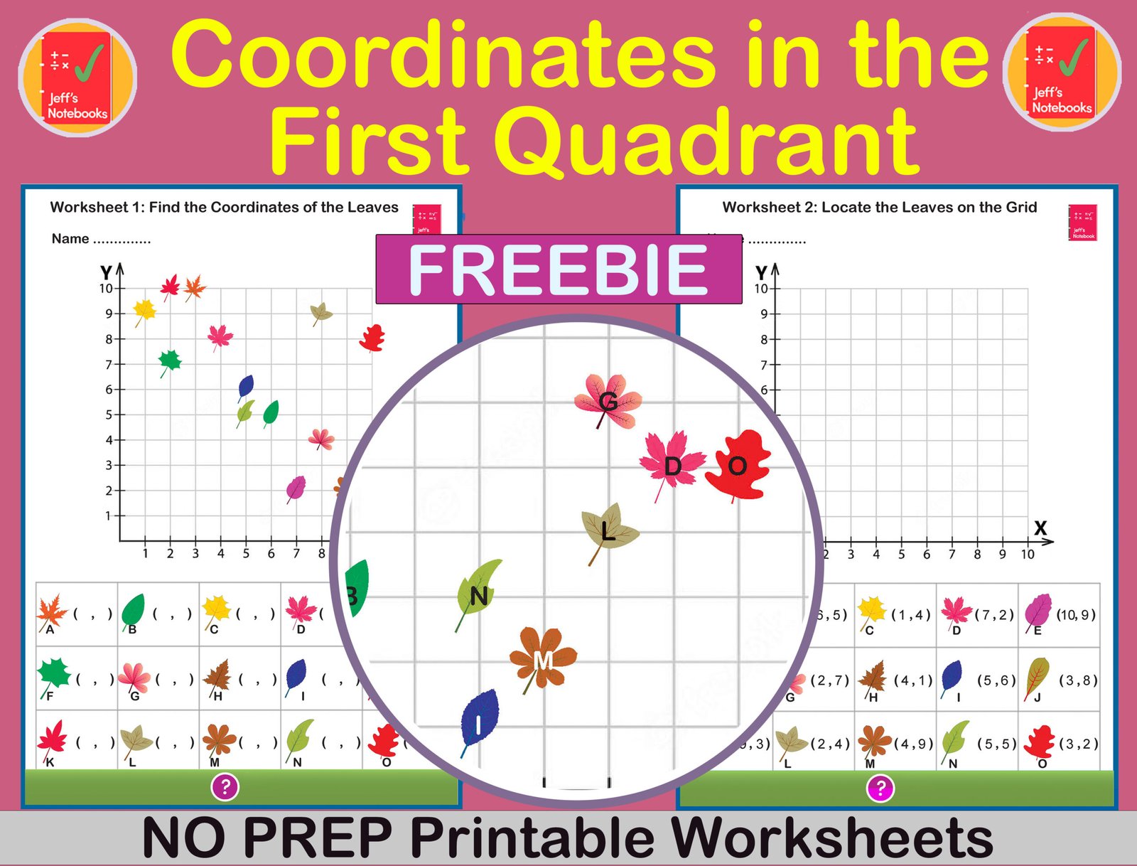 First quadrant coordinates worksheets with leaves theme.
