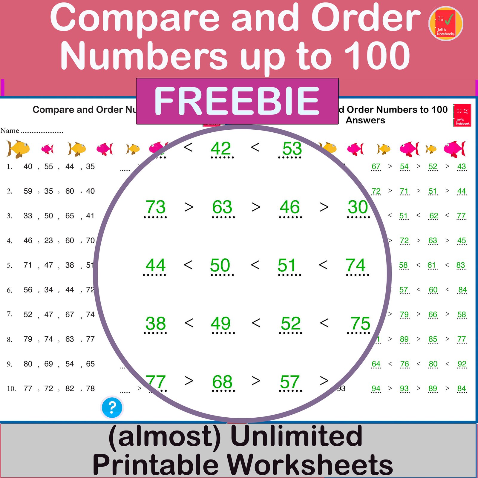 Free worksheets for comparing numbers up to 100.