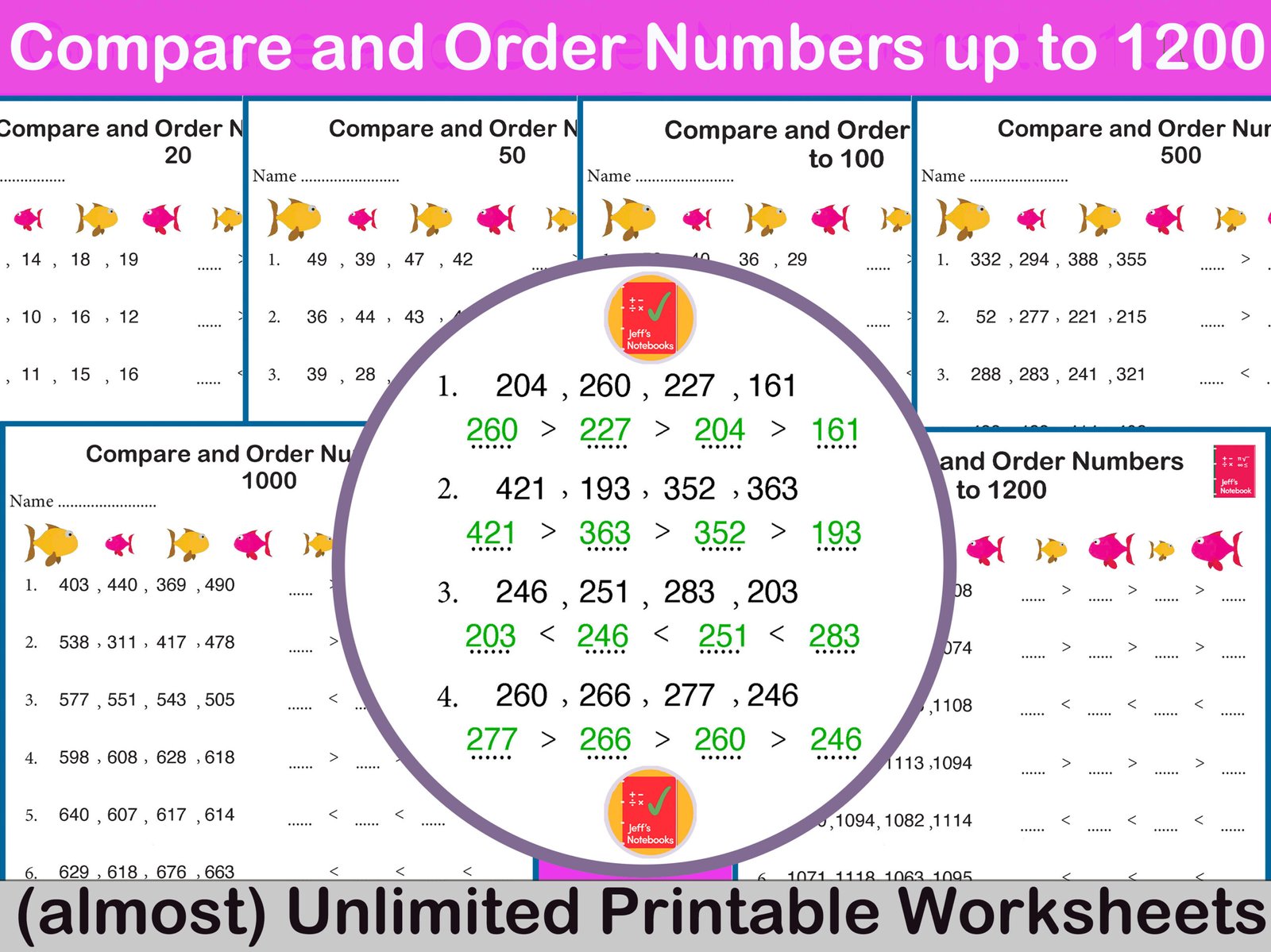 Printable worksheets for comparing numbers up to 1200.
