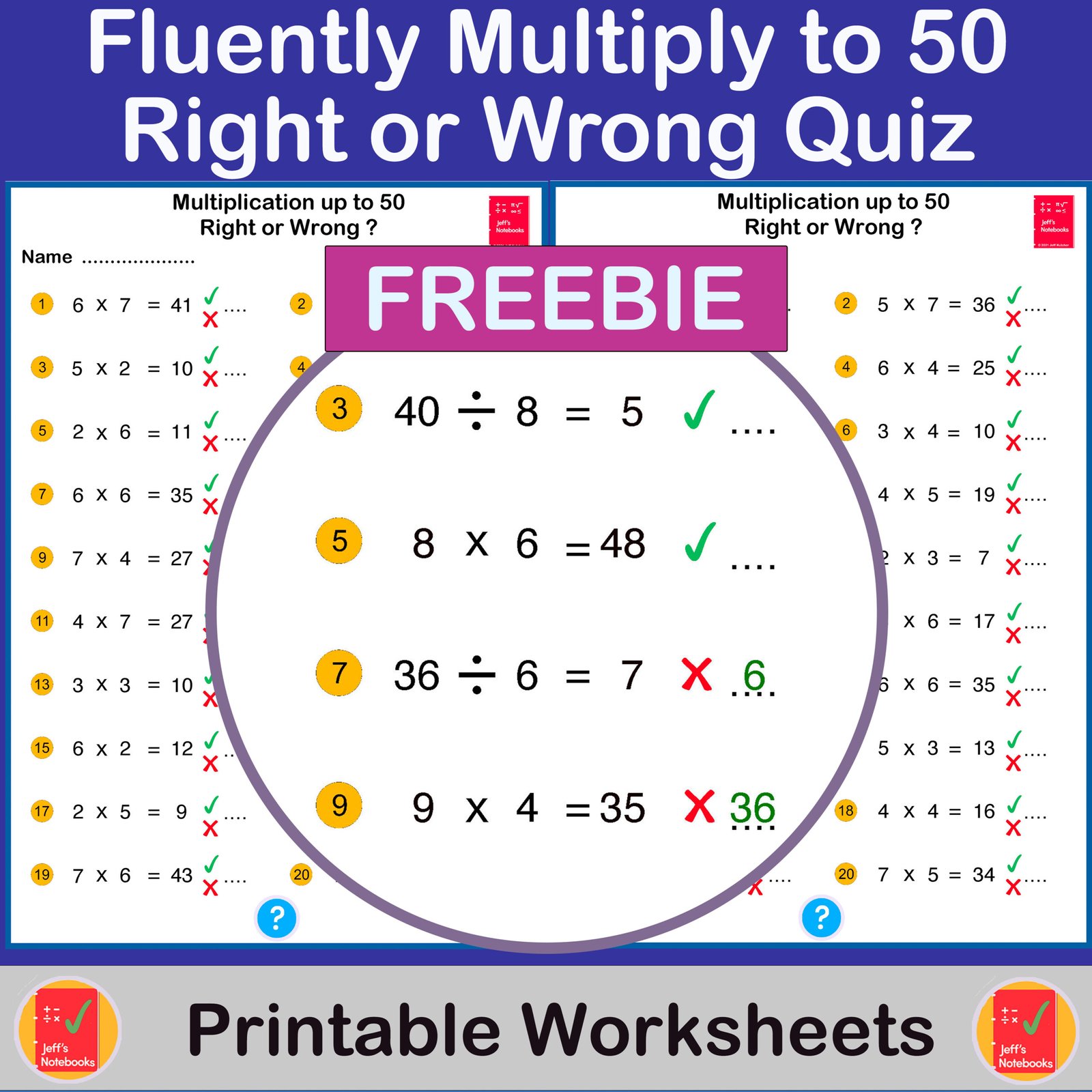 Printable maths quiz up to 50 with answers.