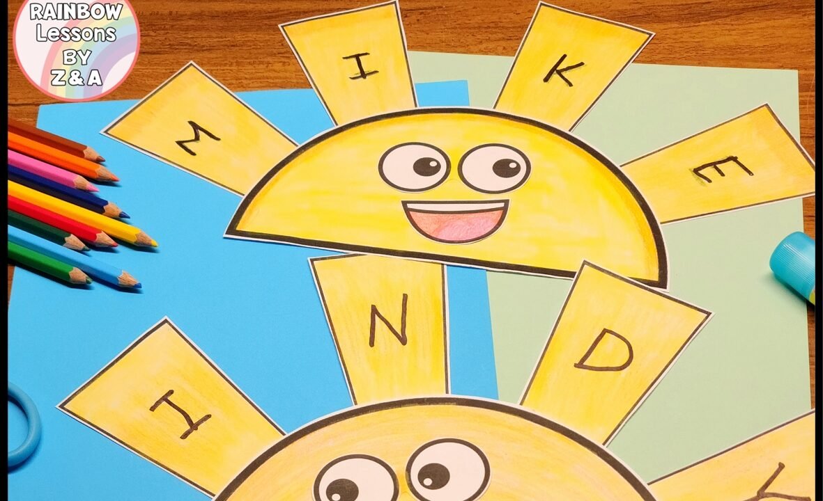 Sunshine name activity with colourful pencils on table.