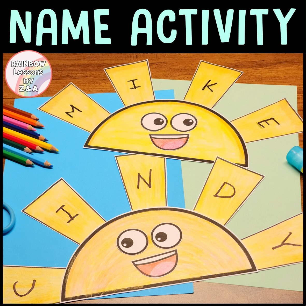 Sunshine name activity with colourful pencils on table.