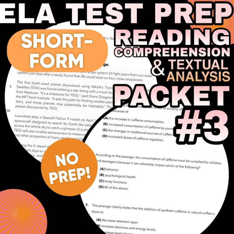 ELA test prep reading comprehension packet cover