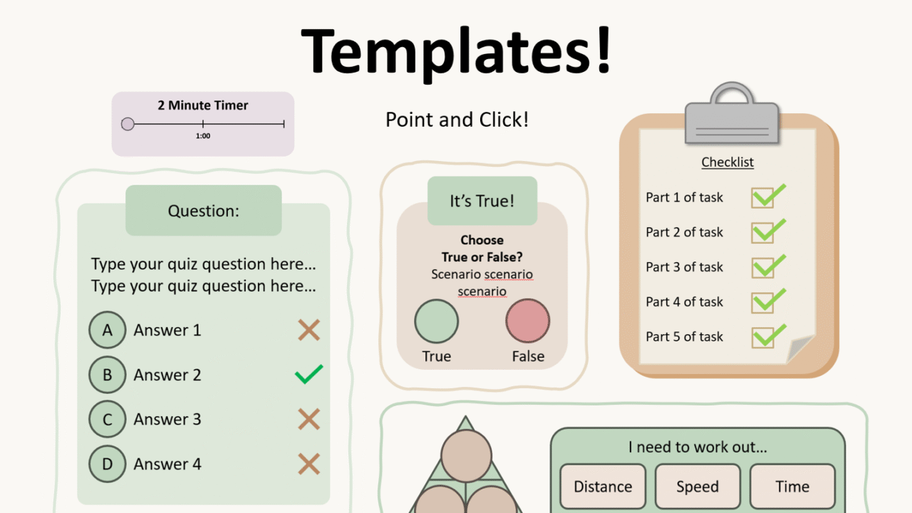 Interactive PowerPoint templates: quiz, checklist, timer, scenarios.